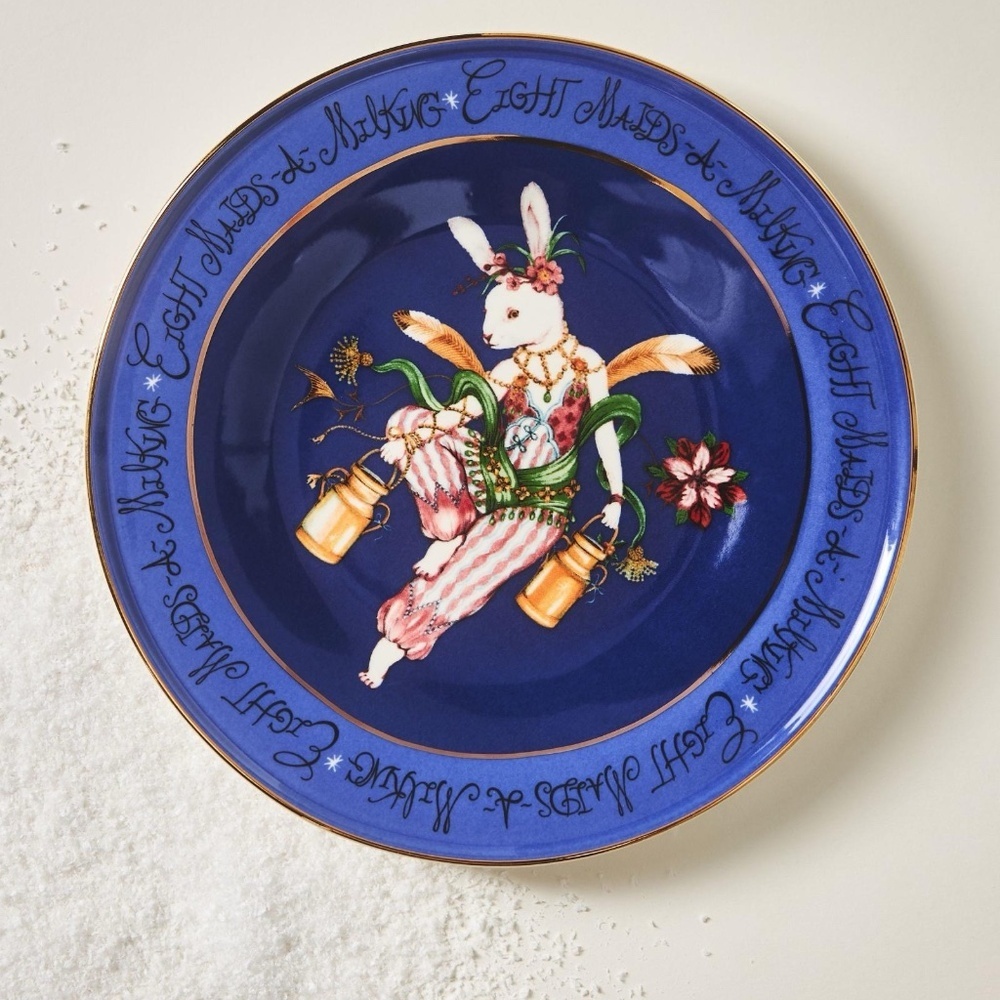 Anthropologie Taychamaythakool 12 Days Christmas Dessert Plate Maids Milking